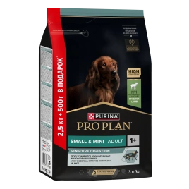 Сухой корм Purina Pro Plan Adult Small & Mini Sensitive Digestion для собак мелких пород, ягнёнок и рис, 2.5 кг + 500 г