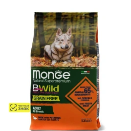 Сухой корм Monge Dog BWild GRAIN FREE Puppy &amp;amp; Junior Duck &amp;amp; Potato для щенков с уткой и картофелем, 2,5 кг