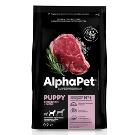 Сухой корм ALPHAPET Superpremium Beef &amp;amp; Rice для щенков, беременных и кормящих собак средних пород, с говядиной и рисом, 900 г