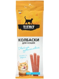 Лакомство Titbit Двойное удовольствие для кошек — колбаски с лососем и форелью, 45 г