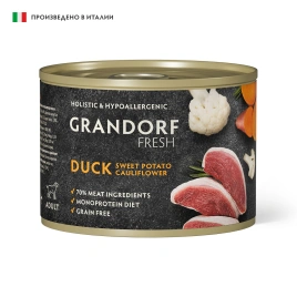 Влажный корм консервы Grandorf Fresh для собак паштет из утки с бататом и цветной капустой 200 г