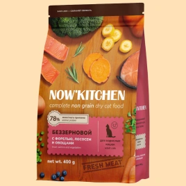 Сухой корм NOW'KITCHEN Fresh Adult для взрослых кошек со свежей форелью, лососем и овощами, 400 г