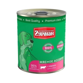 Полнорационный консервированный корм Четвероногий Гурман Мясное ассорти для собак с языком - 340 г