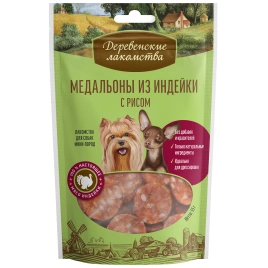 Лакомство «Деревенские лакомства» медальоны из индейки с рисом для собак миниатюрных пород, 55 г
