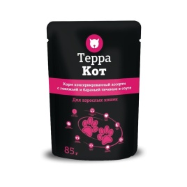 Терра Кот влажный корм для взрослых кошек всех пород ассорти с говяжьей и бараньей печенью в соусе - 85 г
