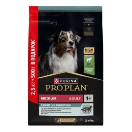 Сухой корм Purina Pro Plan Medium Adult для собак средних пород, ягнёнок и рис, 2.5 кг + 500 г