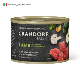 Влажный корм консервы Grandorf Fresh Lamb & Cauliflower для собак паштет из ягненка с цуккини и цветной капустой, 200 г