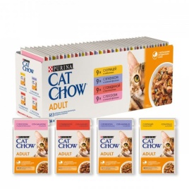 CAT CHOW Мультипак Adult 36x85 г: с курицей и кабачками; с говядиной и баклажанами; с лососем и зеленой фасолью; с ягненком и зеленой фасолью