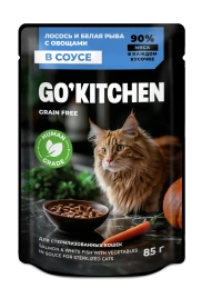 Влажный корм GO'KITCHEN для стерилизованных кошек ассорти из рыбы с овощами в соусе, 85 г