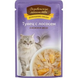 Деревенские лакомства влажный корм для кошек с тунцом и лососем в желе - 70 г