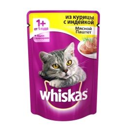 Whiskas паучи в форме мясного паштета с курицей и индейкой для взрослых кошек от 1 года - 85 г