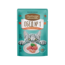 Деревенские лакомства влажный корм для кошек, обед №1 тунец с креветкой в нежном желе - 50 г
