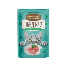 Деревенские лакомства влажный корм для кошек, обед №2 тунец с курицей в нежном желе - 50 г