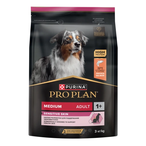 Сухой корм Purina Pro Plan Medium Sensitive Skin для взрослых собак средних пород, лосось и рис, 3 кг фото 1