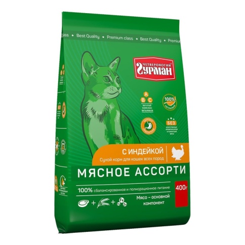 Сухой корм Четвероногий гурман Мясное ассорти для кошек с индейкой 400 г фото 2