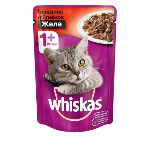 Whiskas паучи в форме желе с говядиной и ягненком для взрослых кошек от 1 года - 85 г фото 1