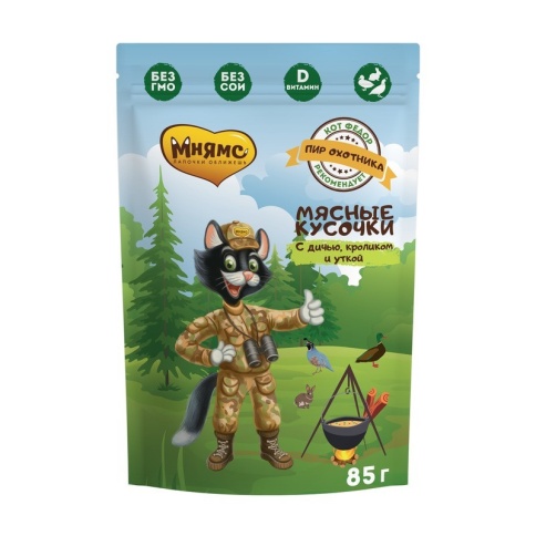 Мнямс Пир Охотника Мясные кусочки влажный корм для кошек с уткой, кроликом и дичью 85 г фото 1