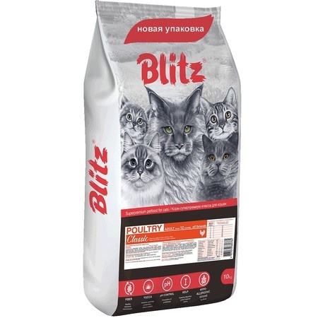 Blitz Adult Cats Poultry для взрослых кошек с домашней птицей - 10 кг фото 1