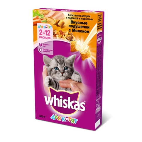 Whiskas сухой корм в форме вкусных подушечек с молоком, индейкой и морковью для котят от 2 до 12 месяцев - 350 гр фото 2