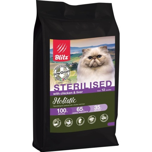 Blitz Holistic Sterilised низкозерновой корм для стерилизованных кошек с курицей и печенью - 5 кг фото 1