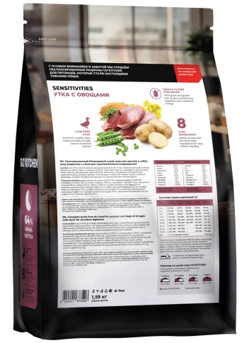 Сухой корм GO'KITCHEN для щенков и собак всех возрастов для чувствительного пищеварения с уткой, 1.59 кг фото 1