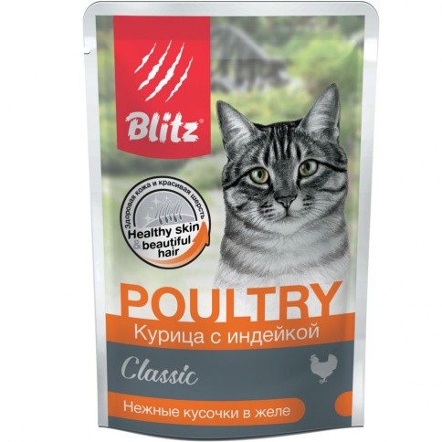 Blitz Cat Adult влажный корм для взрослых кошек с курицей и индейкой в желе в паучах - 85 г фото 1