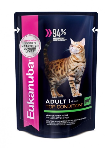 Влажный корм Eukanuba Adult Cat 1+ Years with Beef для взрослых кошек с кусочками говядины в соусе - 85 г фото 1