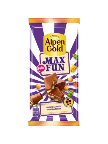 Шоколад мол. «Альпен Гольд МаксФан» со взрывной карамелью, мармеладом и печеньем 140г фото 1