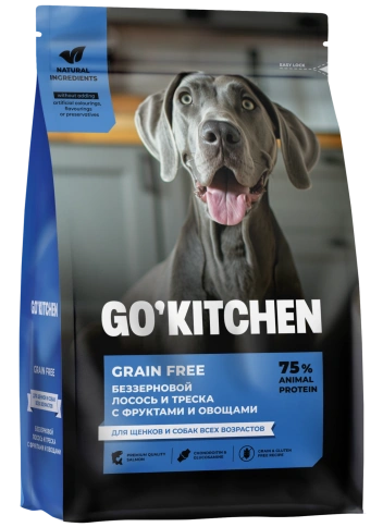 Сухой корм GO'KITCHEN Для щенков и собак всех возрастов с лососем, треской, фруктами и овощами, 5.44 кг фото 1