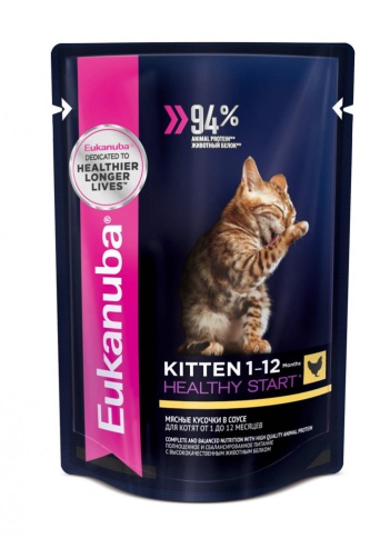 Влажный корм Eukanuba Kitten 1-12 Month with Chicken для котят с кусочками курицы в соусе - 85 г фото 1