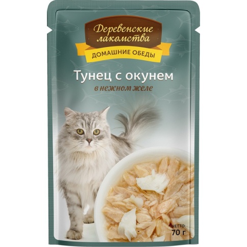Деревенские лакомства влажный корм для кошек с тунцом и окунем в желе - 70 г фото 2