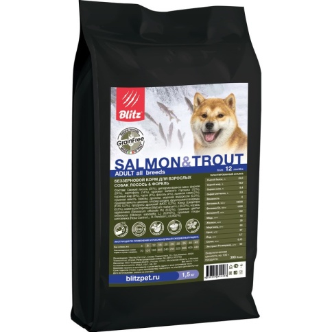 Сухой беззерновой корм Blitz Adult для взрослых собак с лососем и форелью - 1,5 кг фото 1