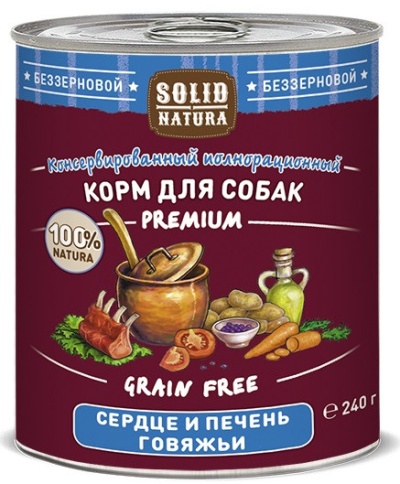 Solid Natura Premium Сердце и печень говяжьи влажный корм для собак в жестяной банке 240 г фото 1