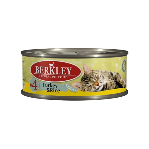 Berkley Adult Cat Turkey & Rice № 4 паштет для взрослых кошек с натуральным мясом индейки, рисом, маслом лосося и ароматным бульоном - 100 г фото 1