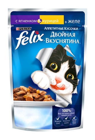 Паучи Felix Двойная вкуснятина для взрослых кошек аппетитные кусочки с ягненком и курицей в желе - 85 г фото 1