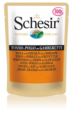 Schesir для кошек в паучах с тунцом, курицей и креветками - 100 г фото 1