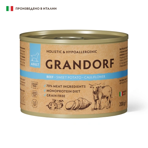 Влажный корм Grandorf, паштет из говядины с бататом и цветной капустой для собак, 200 г фото 1