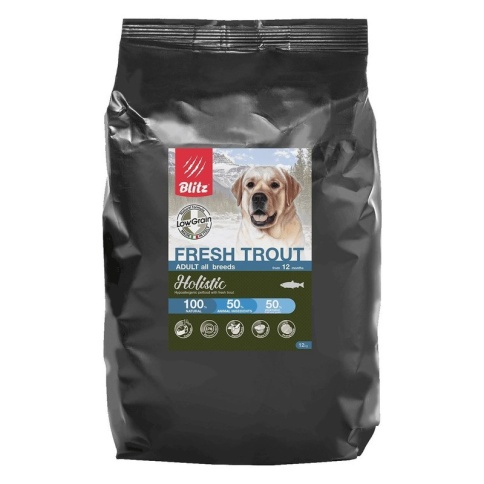Сухой низкозерновой корм Blitz Adult для взрослых собак с форелью - 12 кг фото 1