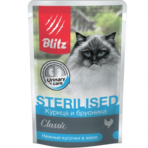 Blitz Cat Adult Sterilised влажный корм для стерилизованных кошек с курицей и брусникой в желе в паучах - 85 г фото 1