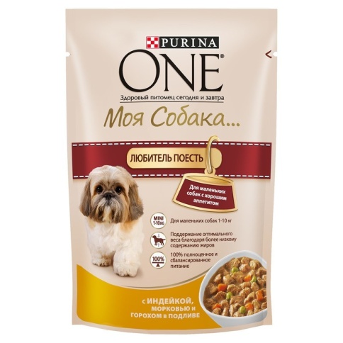 PURINA ONE \"Моя Собака... Любитель Поесть\" консервы индейка, морковь, горох в подливе 100 г х20 фото 1