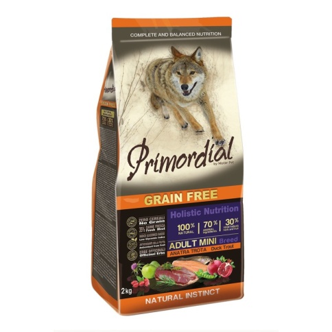 Сухой беззерновой корм Primordial для взрослых собак мелких пород с форелью и уткой - 2 кг фото 1