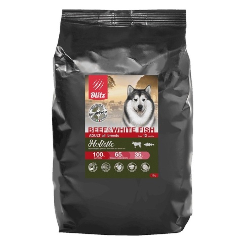 Сухой беззерновой корм Blitz Adult для взрослых собак с говядиной и белой рыбой - 12 кг фото 1