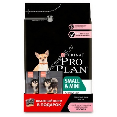 PRO PLAN "Adult Small&Mini Sensitive Skin" с комплексом OPTIDERMA сухой 3 кг + 2х85 г пауча для собак мелких и карликовых пород с чувствительной кожей Лосось фото 1