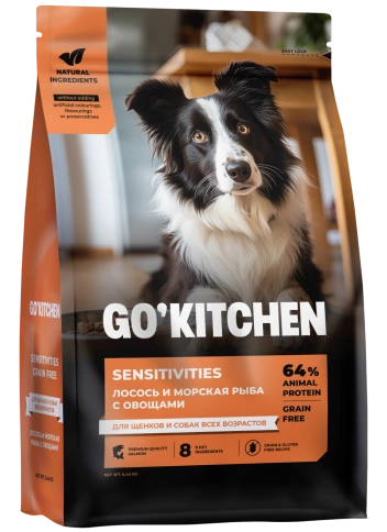 Сухой корм GO'KITCHEN для щенков и собак всех возрастов для чувствительного пищеварения с лососем и морской рыбой, 5.44 кг фото 2