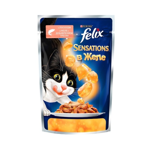 Паучи Felix Sensations для взрослых кошек с лососем и треской в желе - 85 г фото 2