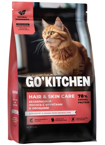 Сухой корм Go'Kitchen для котят и кошек всех возрастов Hair & Skin Care, со свежим лососем, фруктами и овощами, 400 г фото 1