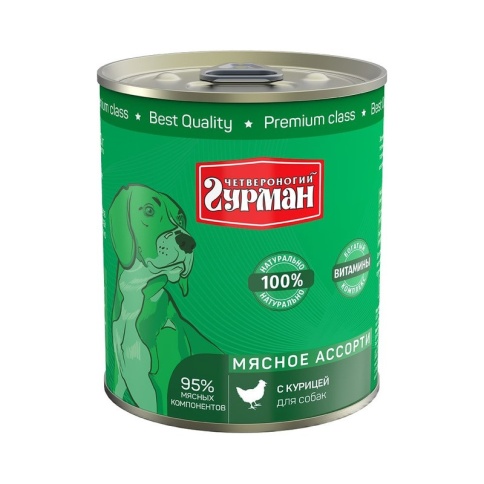 Полнорационный консервированный корм Четвероногий Гурман Мясное ассорти для собак с курицей - 340 г фото 1