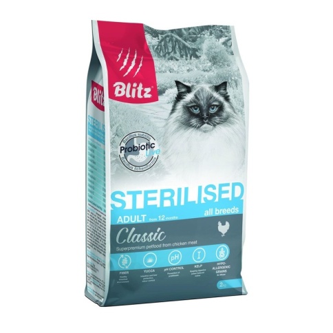Blitz Classic Sterilised Cats Chicken сухой корм для стерилизованных кошек всех пород и возрастов с курицей - 2 кг фото 1