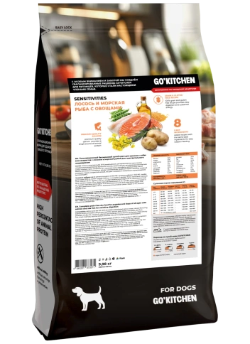Сухой корм GO'KITCHEN для щенков и собак всех возрастов для чувствительного пищеварения с лососем и морской рыбой, 9.98 кг фото 1