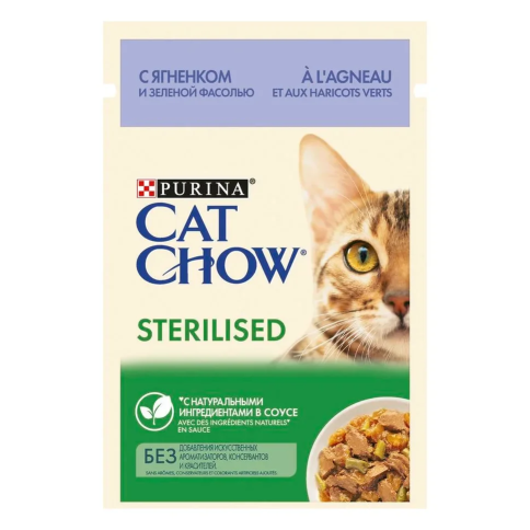 Влажный корм Purina Cat Chow Sterilised для стерилизованных кошек с ягненком и зеленой фасолью в соусе в паучах - 85 г фото 1